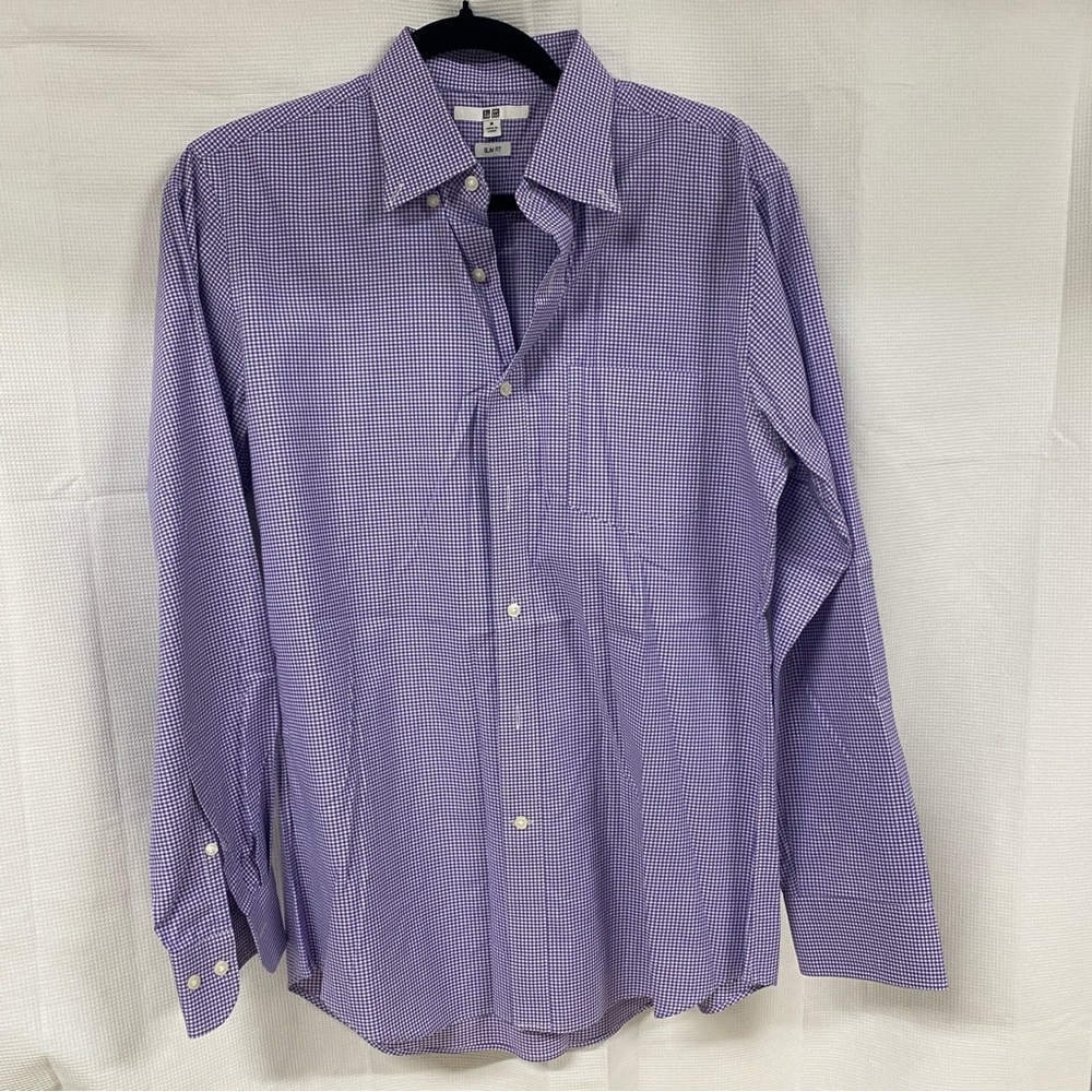 Uniqlo Men's Purple Checkered Dress Shirt Slim Fit Size M
